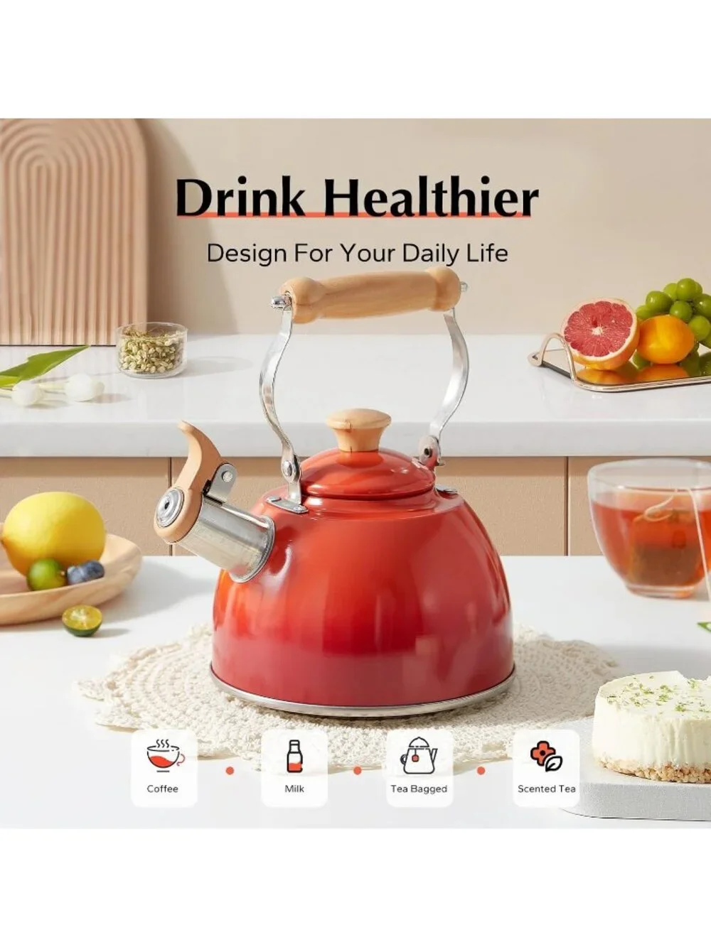 ROCKURWOK 1.6 Quart Red Whistling Tea Kettle Stainless Steel Stovetop Tea Pot